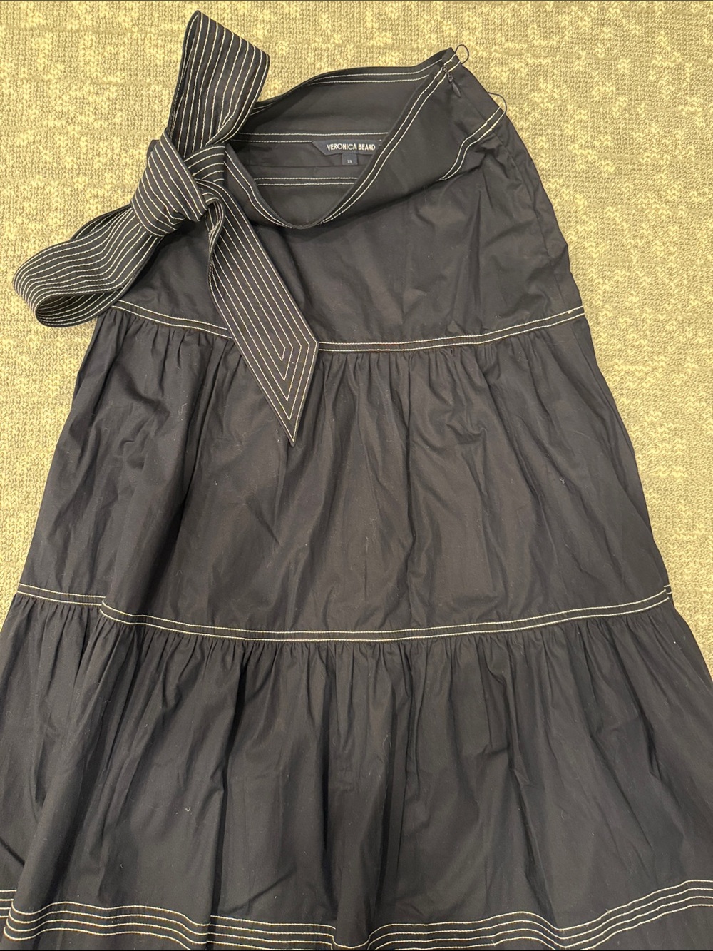 Veronica Beard Navy Tiered Maxi Skirt with Contrast Stitching